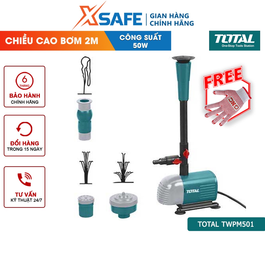 Máy bơm đài phun nước 50W TOTAL TWPM501 bơm cao tối đa 2M, hút sâu tối đa 3m, mô tơ dây đồng, chiều dài dây điện 10m