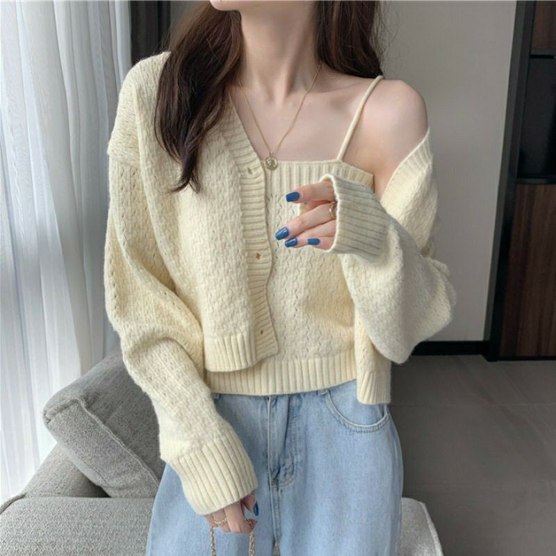Set 2 áo len cadigan dáng lửng + áo hai 2 dây len đan nữ tính ulzzang - Có ảnh thật