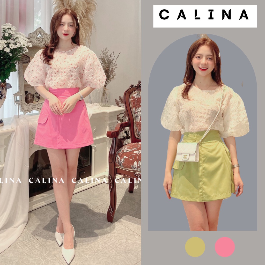 Set áo tay bồng hoa nhí phối chân váy cao cấp Calina Setaohoakemchanvay