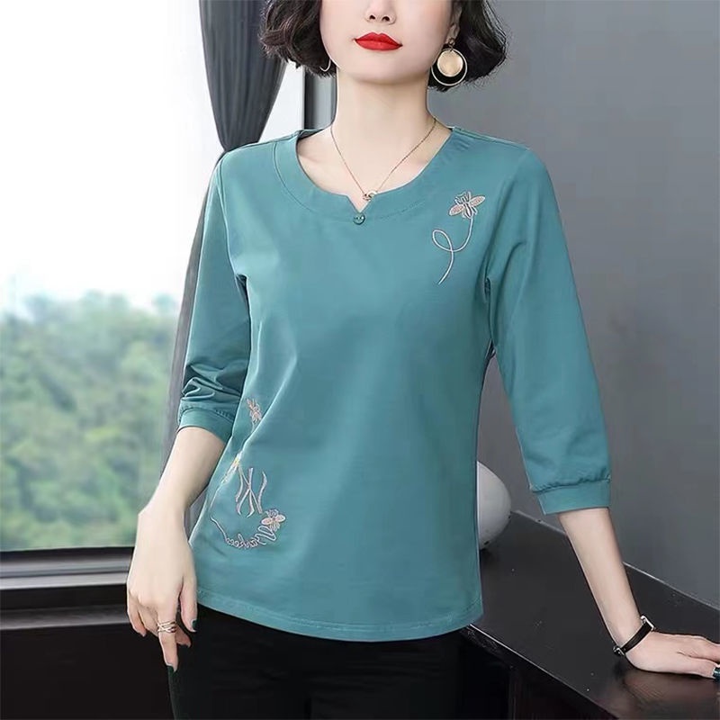 Áo thun tay dài thêu hoa thời trang cho phụ nữ trung niên