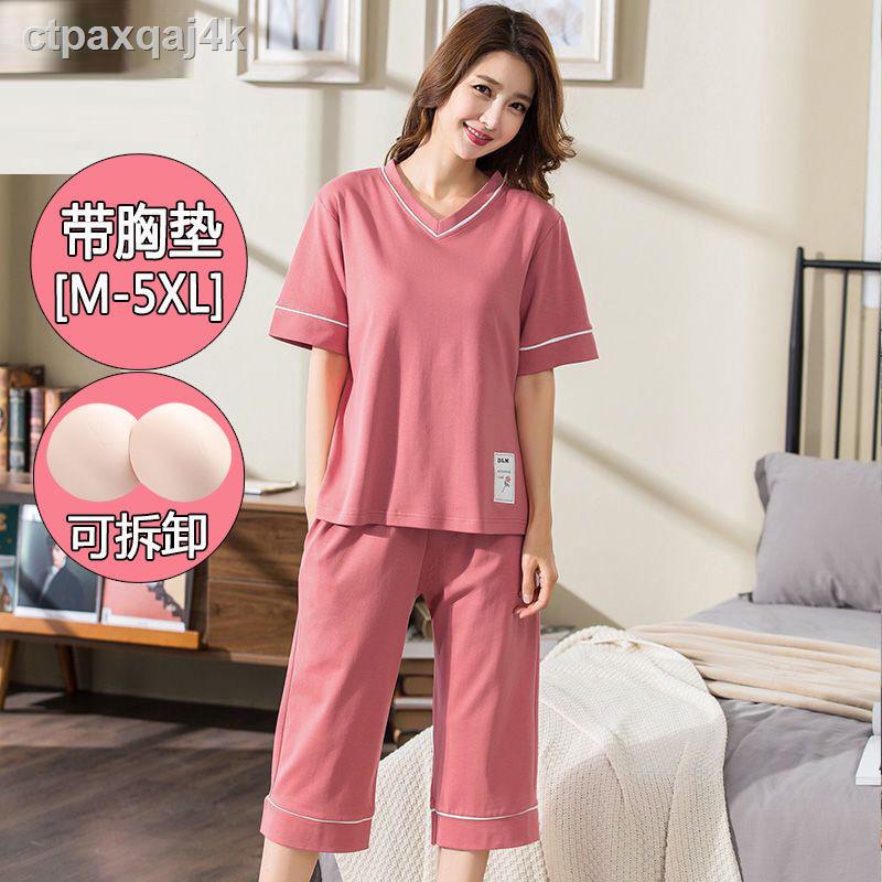 ﹊ ¤¤với bộ đồ ngủ nữ độn ngực mùa hè cotton, quần tây cắt cúp mỏng, rộng rãi plus size, mặc nhà cao cấp, có thể bên ngoà