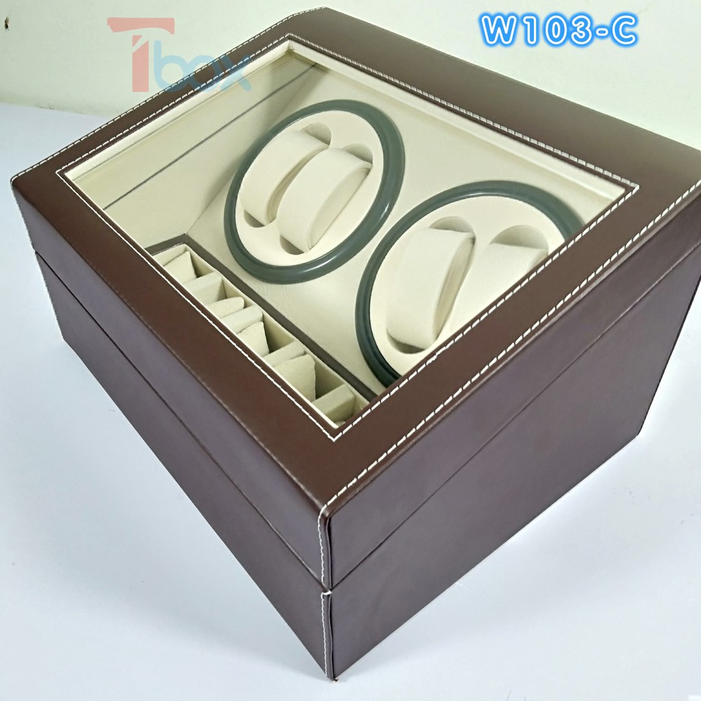 Hộp đựng đồng hồ cơ xoay tự động Tbox Hộp 4 xoay 6 trưng bày cho đồng hồ cơ bọc da nâu sang trọng mặt kính
