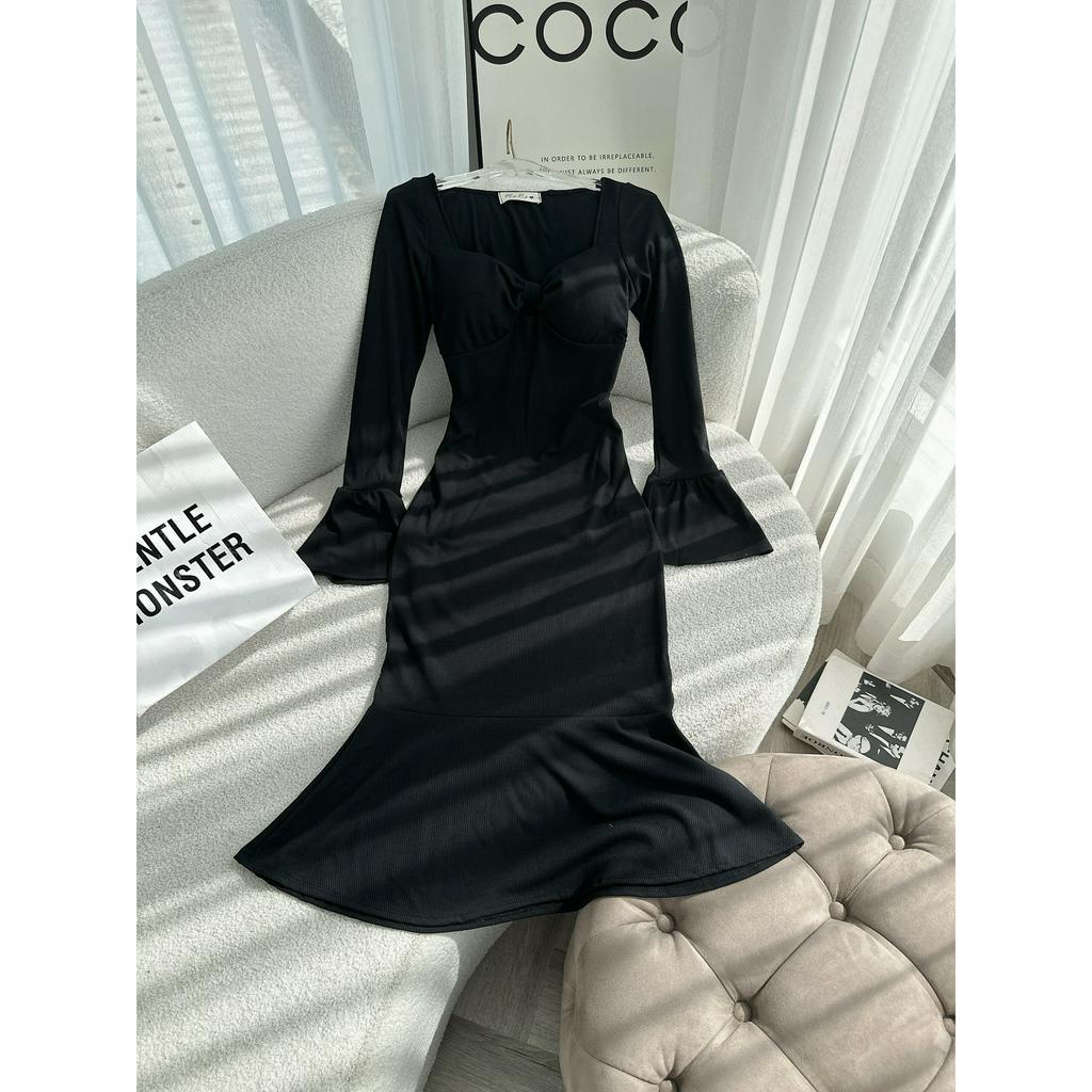 ĐẦM MIDI BODY ĐEN TAY LOE ĐUÔI CÁ