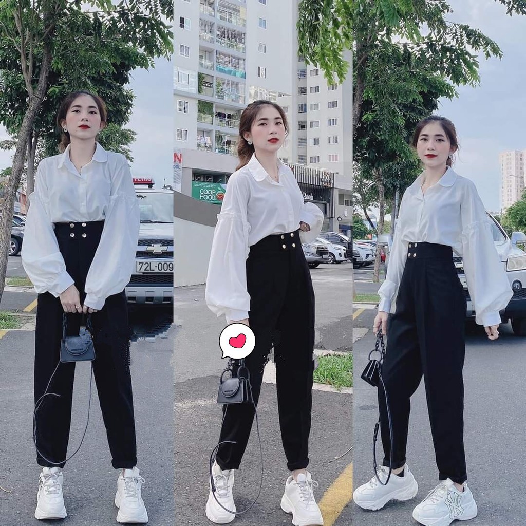 SET ÁO SƠ MI MIX QUẦN BAGGY HOT - ÁO SƠ MI TRẮNG TAY BÈO + QUẦN VẢI ĐEN 4 KHUY CÀI KHÓA KÉO