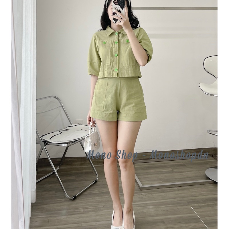 Set áo sơ mi đũi croptop 2 túi to nút tròn kèm quần short lưng chun Ảnh thật/ sẵn