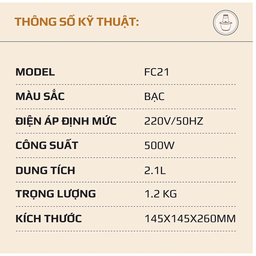 Máy Xay Thịt Thực Phẩm Đa Năng OLIVO FC21 Cao Cấp - Dung Tích Lớn 2.1L - Công Suất 500W - CHÍNH HÃNG, Bảo Hành 24 tháng