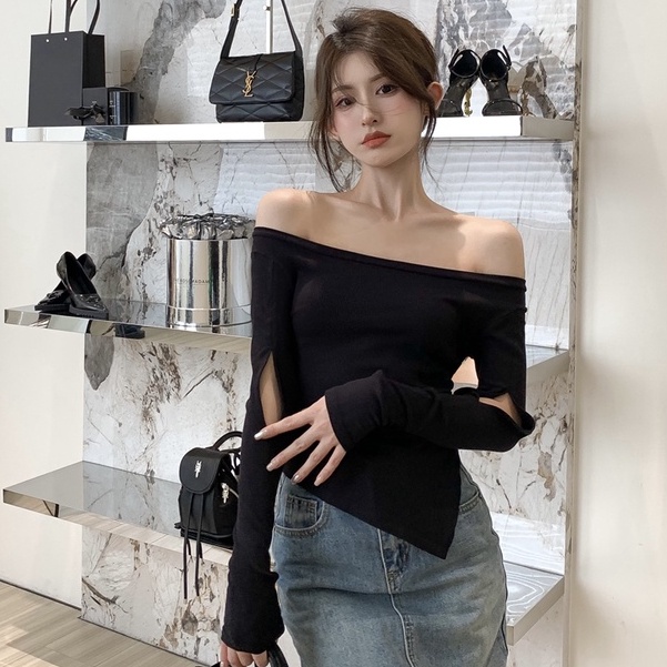 Áo Thun Tay Dài Trễ Vai Phong Cách Hàn Quốc Quyến Rũ Cho Nữ