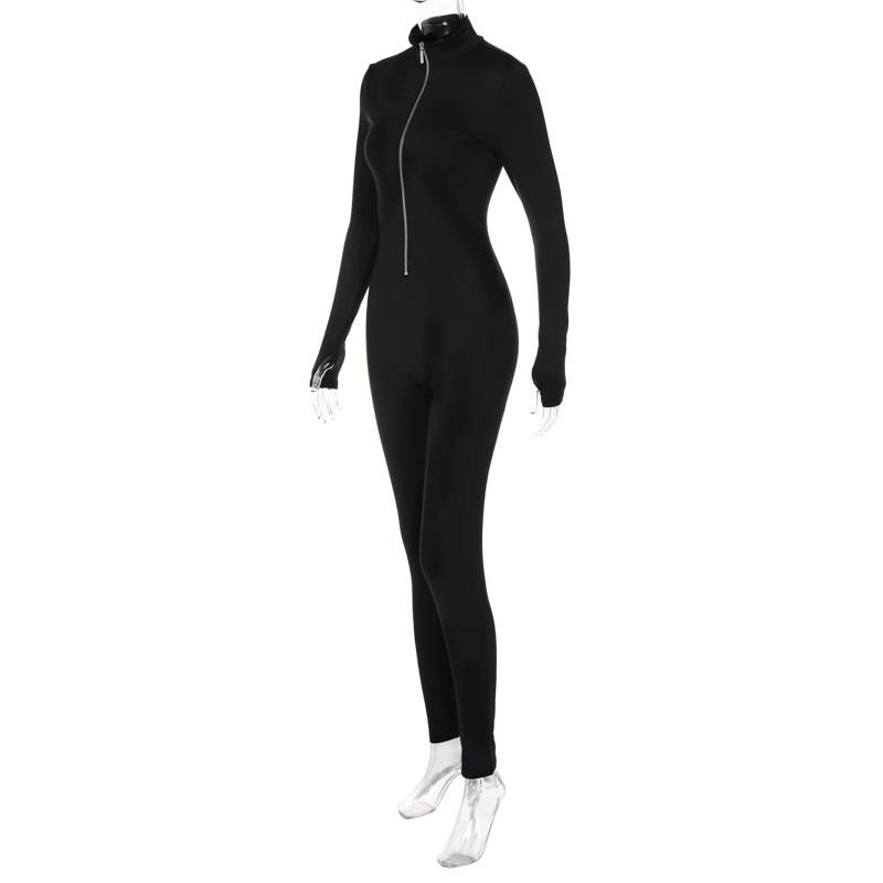 Châu Âu Mỹ Phong Cách Màu Trơn Dài Tay Dây Kéo Eo Thu hẹp Mỏng Hơn Nhìn Thể Thao Yoga Jumpsuit Quần Nữ Jumpsuit