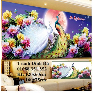 tranh đính đá đôi chim công phu thê viên mãn kt 160x75cm