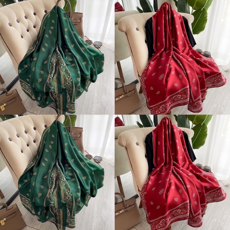 Khăn Lụa Đi Biển Cao Cấp Hoạ Tiết Boho Vintage 2 Màu Xanh Đỏ