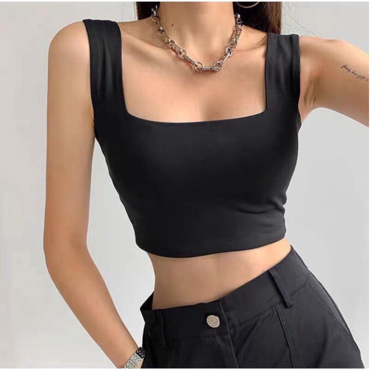 Áo Croptop trơn cổ vuông khoe xương quai xanh thu hút áo tanktop hai dây bản to đẹp rẻ