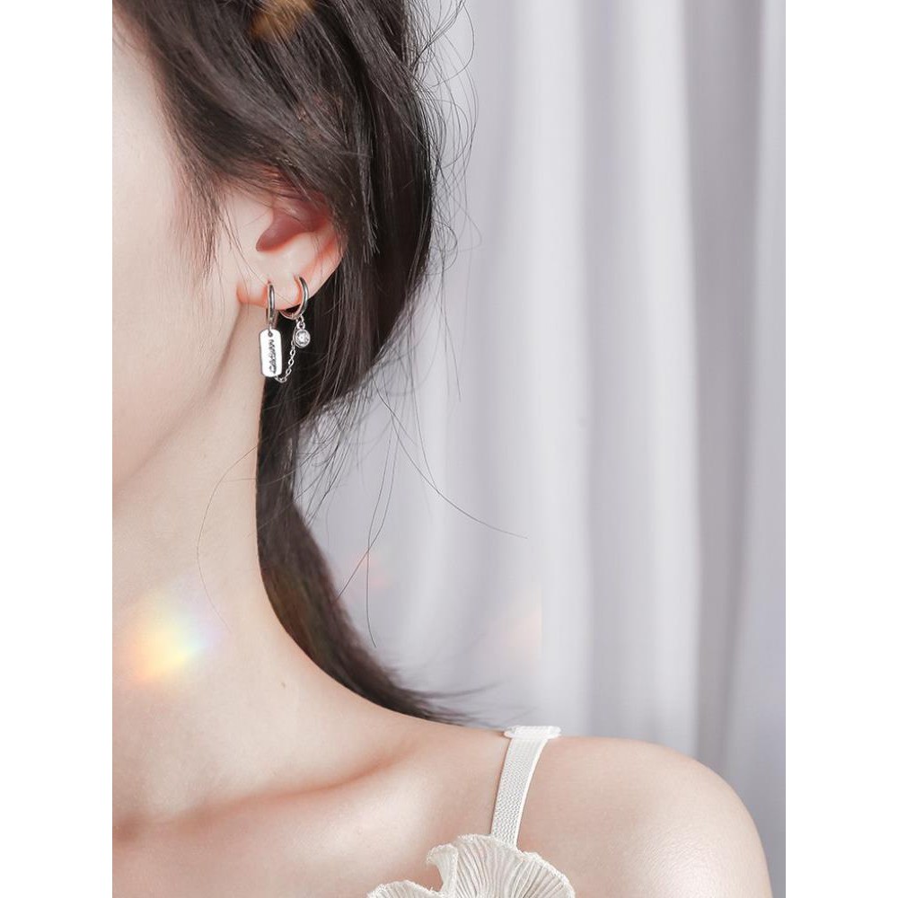 Bông tai bạc nữ H.A.S dạng khoen 2 vòng chữ Merci - Khuyên tai cá tính đeo một bên như hình