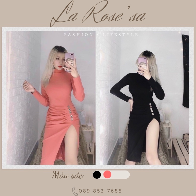 Đầm Body Tay Dài Xẻ Tà Cổ Lọ Nút Kiểu ✨