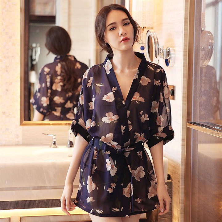 Áo choàng ngủ xuyên thấu sexy tay ngắn kiểu kimono in hoa sang trọng BT42229