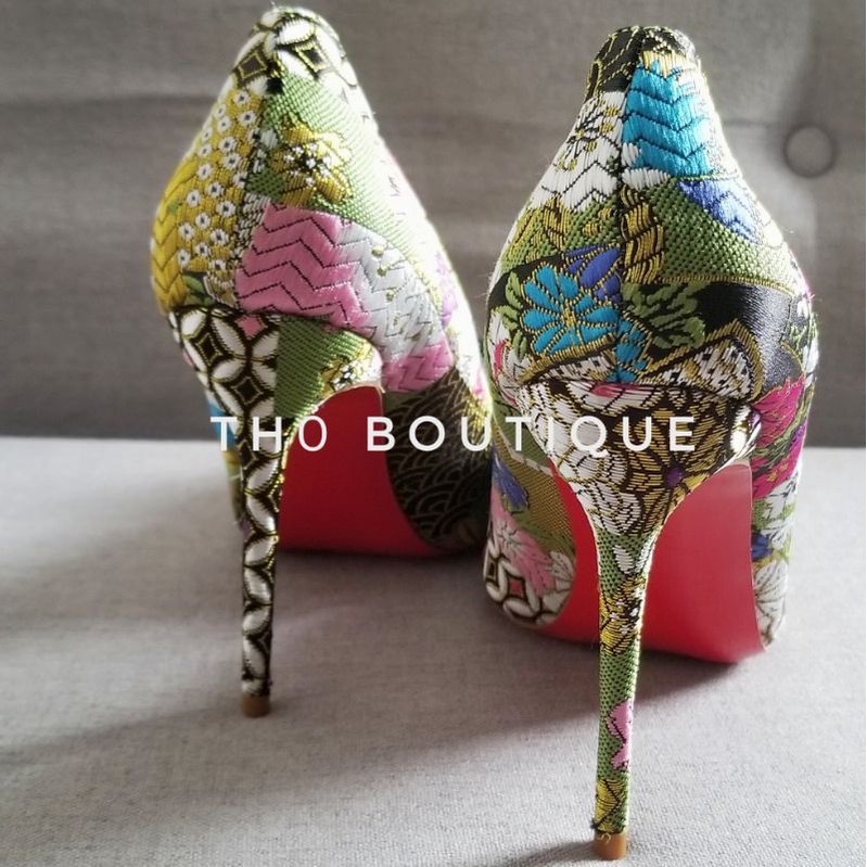 Giày cao gót Lou.bou.tin xuất xịn gấm lụa hoạ tiết hoa Nhật Bản 9cm size 37-38