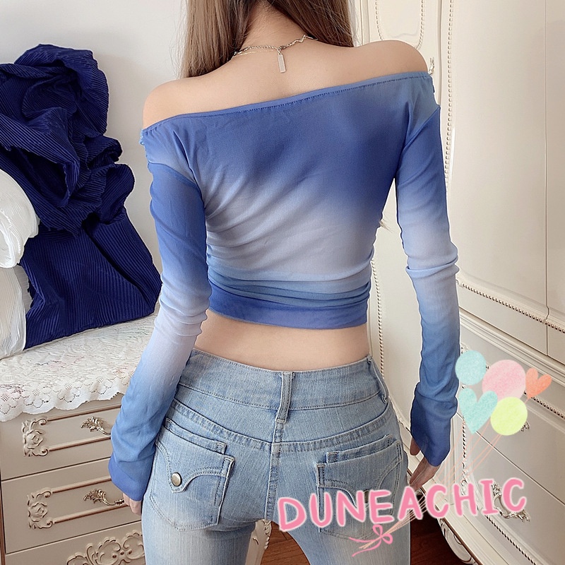 DUNEA Áo Croptop Trễ Vai Tay Dài Thiết Kế Dây Rút Quyến Rũ