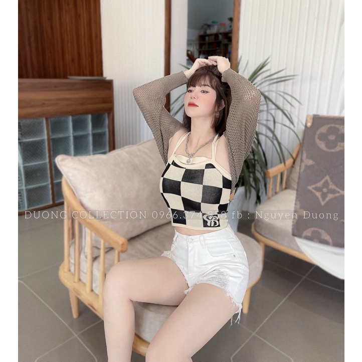 Set áo cadigan lưới mix áo hai dây len kẻ ô vuông, chất len mtg.