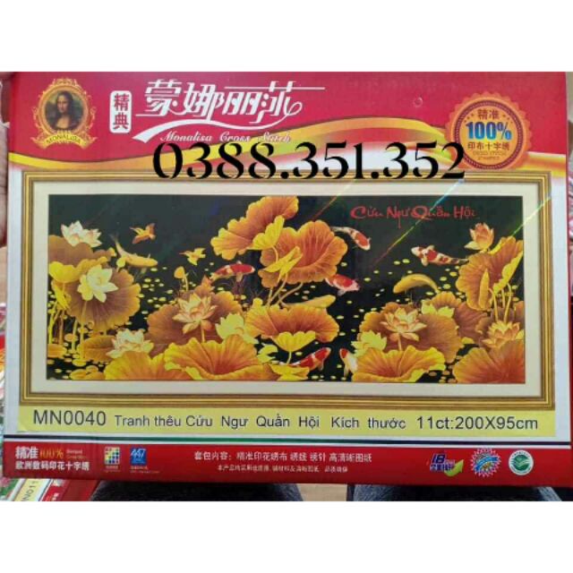 Tranh thêu chữ thập cá chép hoa sen cửu ngư quần hội 200*95cm