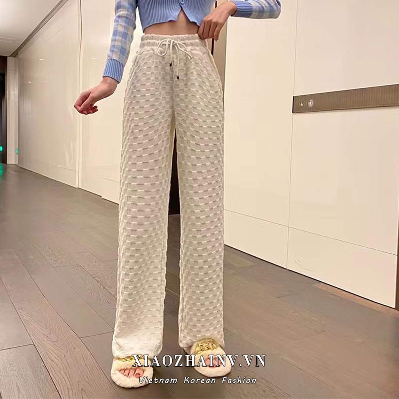 Quần ống rộng Xiaozhainv màu trơn sọc caro cá tính thời trang dành cho nữ