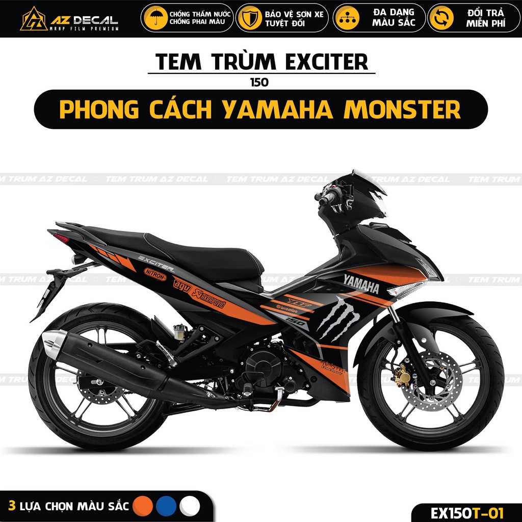 Tem Trùm Exciter 150 Monster Màu Xanh Đen, Cam Đen, Trắng Đen | EX150T-01 | Decal Cao Cấp Chống Phai Màu