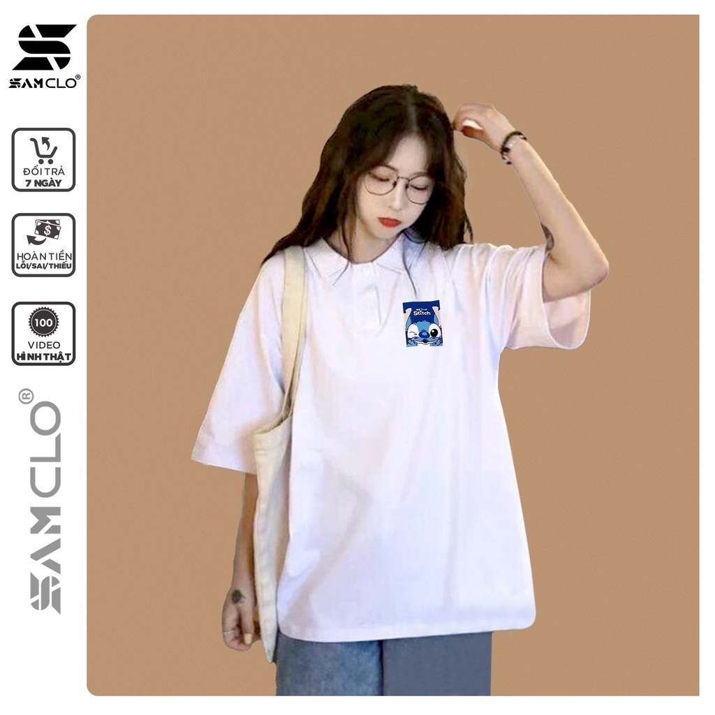 Áo thun POLO nữ tay lỡ có cổ phông form rộng freesize unisex mặc đi học, cặp, nhóm, lớp in hình stitch chữ WE LOVE