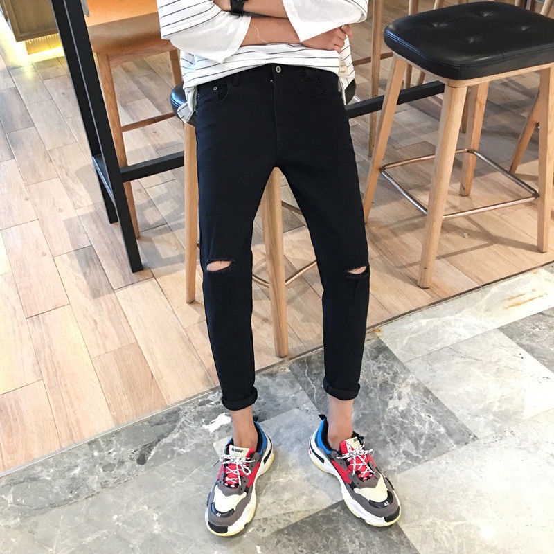 Quần bò đen rách gối Dáng skinny dành cho nam vải co giãn , kiểu dáng hàn quốc