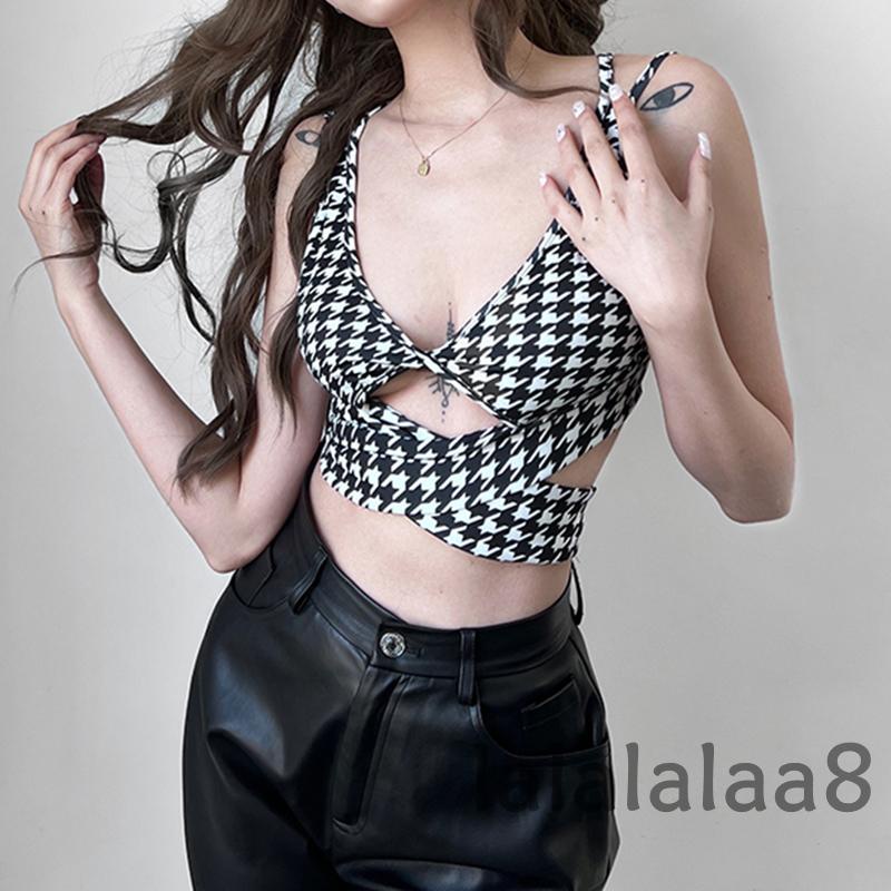 LAA8-YS-Women Split Suspender V Neck Houndstooth Pattern Cut-out Cross Wrap Open Back Tie-up Short Tank Tops