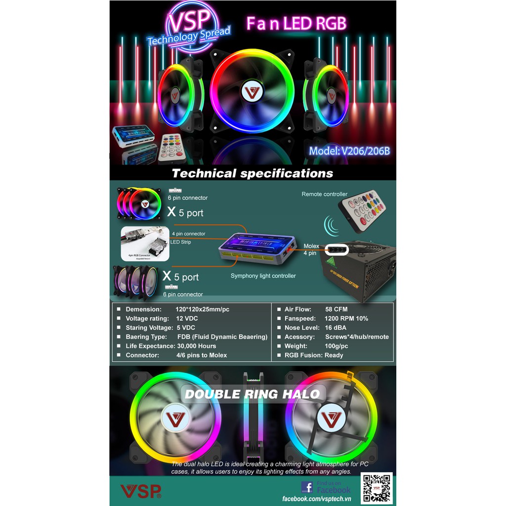 Combo bộ 3 Fan led RGB 2 mặt VSP V206 +Hub + Remote