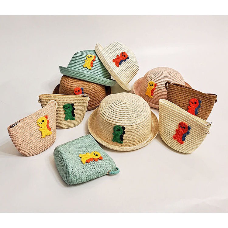 Sét 2 Mũ Cói, Túi Cói Đi Biển Nón Cói Cho Bé Từ 1-8 Tuổi Hoạ Tiết Khủng Long Siêu Dễ Thương - #tuicoi