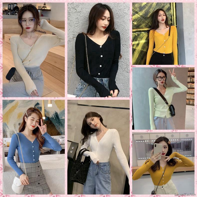 [Baywellfashion]Áo khoác cardigan cổ chữ V màu trơn thời trang Hàn Quốc