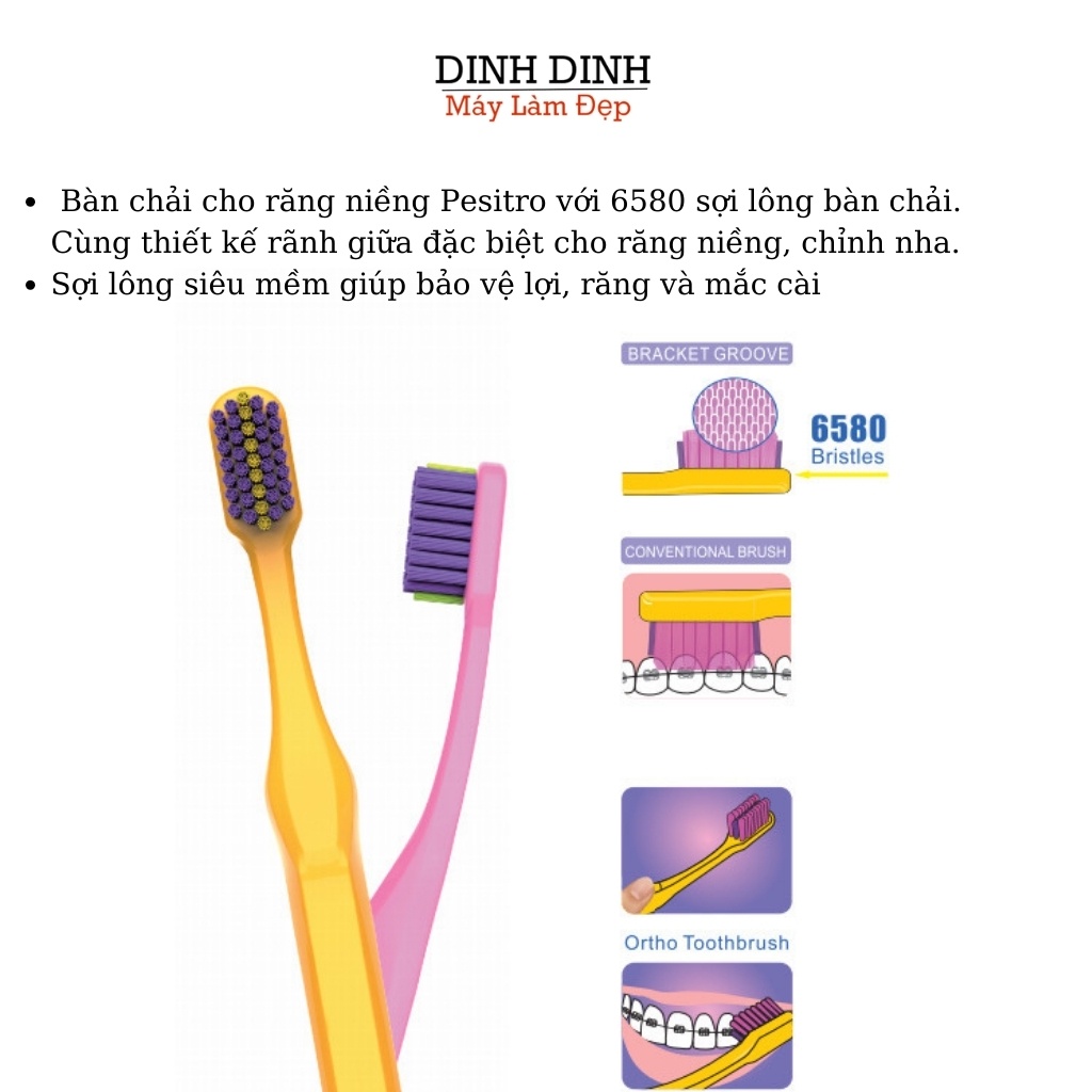 Bàn chải niềng răng siêu mềm, có rãnh giữa Pesitro 6580 ultra soft ortho chải răng niềng chuyên dụng