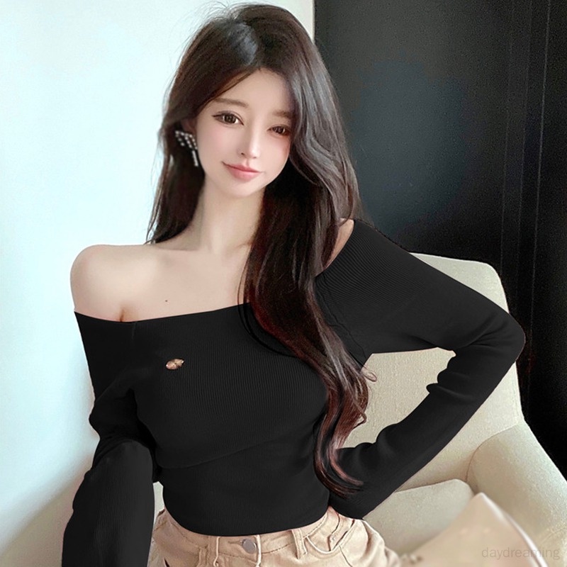 Áo Croptop Dệt Kim Tay Dài Màu Sắc Thanh Lịch
