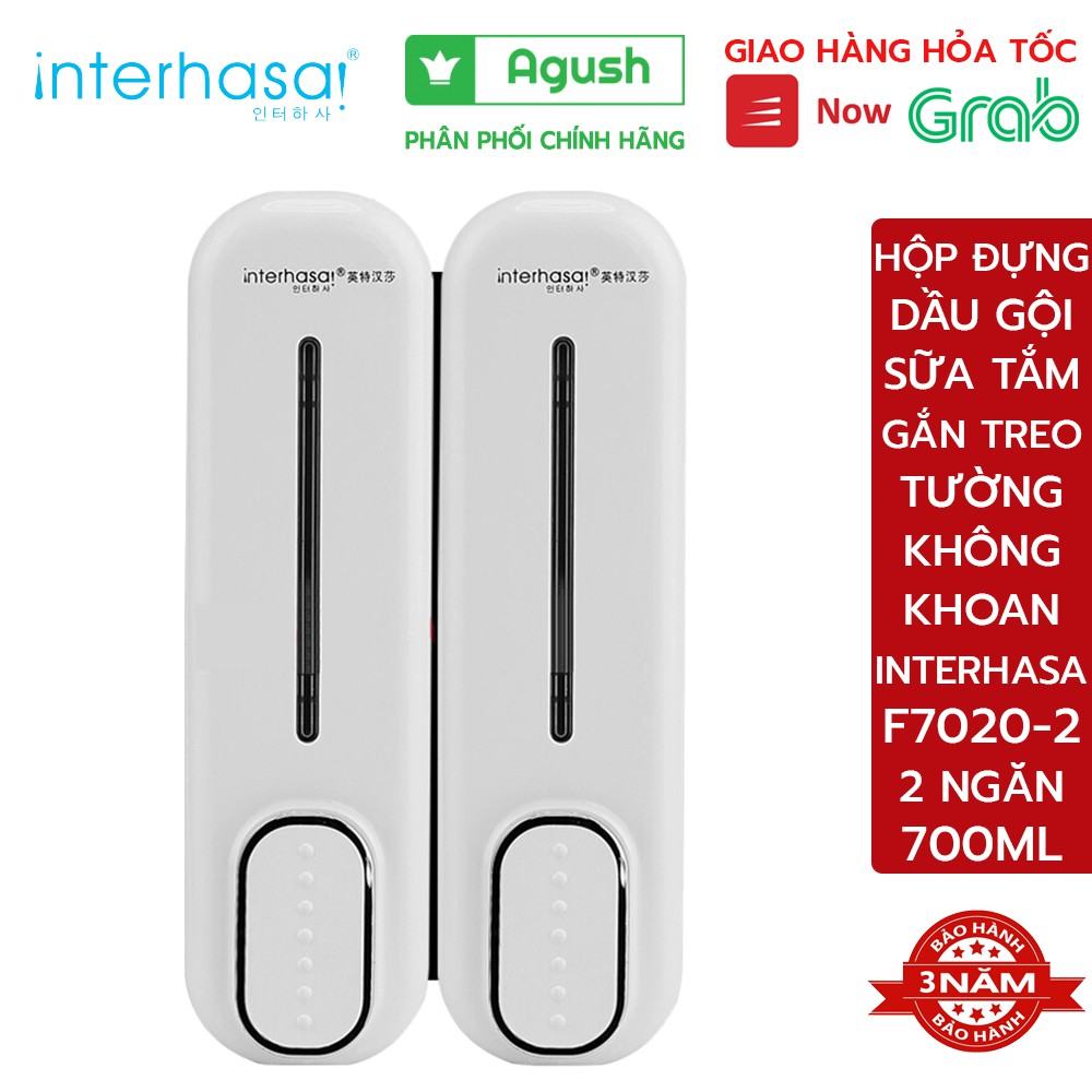Hộp đựng dầu gội sữa tắm gắn treo tường INTERHASA F7020-2 đôi 700ML nhựa ABS trắng cao cấp nút nhấn nhẹ không cần khoan