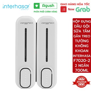 Hộp đựng dầu gội sữa tắm gắn treo dán tường INTERHASA F-7022 700ml 2 ngăn trắng sang trọng nút nhấn nhẹ êm không rò gỉ