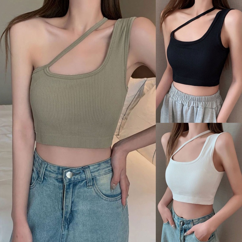 Áo Croptop Dệt Kim Không Tay Một Dây Có Đệm Ngực Gợi Cảm Cho Nữ