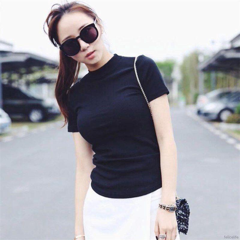 Áo thun cổ lọ dáng rộng màu trơn thời trang mùa hè cho phái nữ