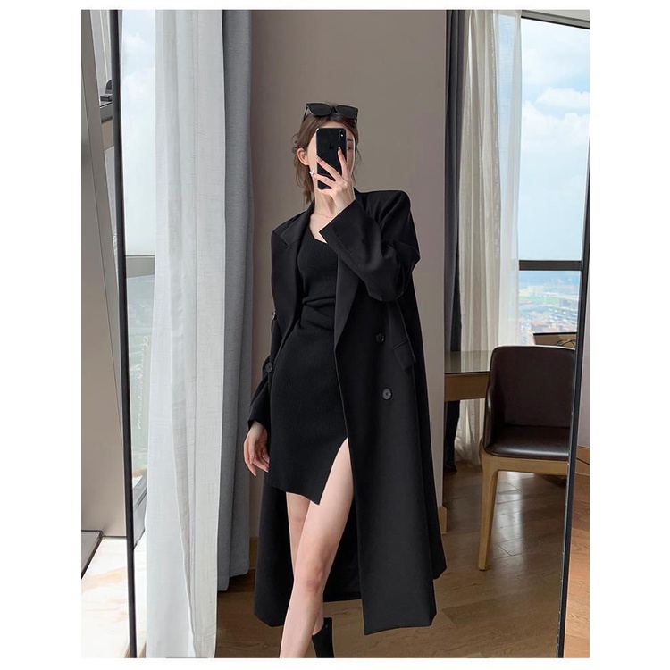 Áo khoác măng tô cao cấp dáng ôm vừa và dài màu đen cho nữ phong cách khí chất thời trang thu đông 2021 mới