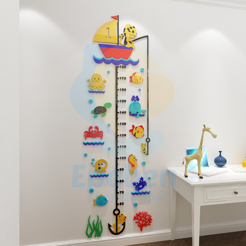 Tranh dán tường mica 3d decor khổ lớn Thước đo chiều cao cho bé đo chiều cao giữa đại dương Nhiều Size - EPeBen