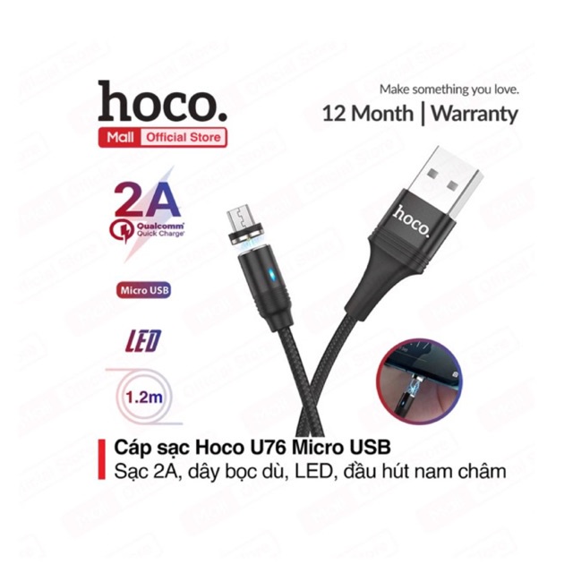 Cáp sạc nam châm Hoco U76 Micro USB sạc nhanh tối đa 2A, hỗ trợ truyền dữ liệu, có đèn LED, dây bọc dù, dài 1.2m