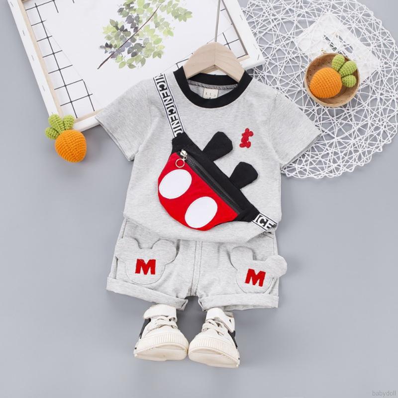 Bộ đồ 2 món áo thun tay ngắn in hoạt hình + quần short màu trơn dành cho bé trai 0-4 tuổi
