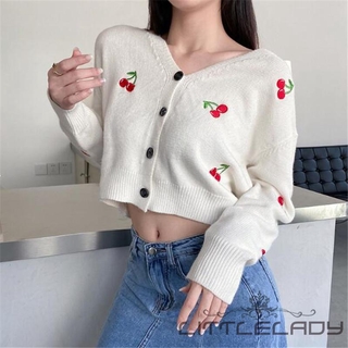 Áo Dệt Kim Nữ Tay Dài Cổ Chữ V Thêu Quả Cherry Thời Trang