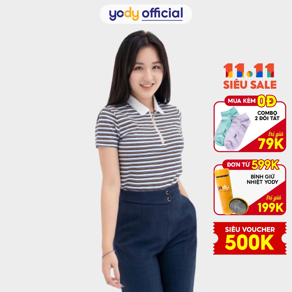 [Mã WABRYD1111 giảm 10% đơn 250K] Áo Polo YODY Nữ kẻ ngang có khóa cổ mềm mịn thoáng mát APN3766