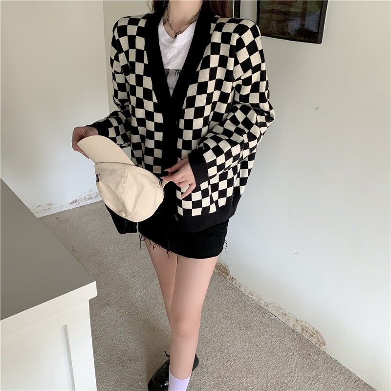 172907 |Màu Đen| Áo Len Không Tay Cổ Chữ V Họa Tiết Sọc Caro Dễ Phối Đồ