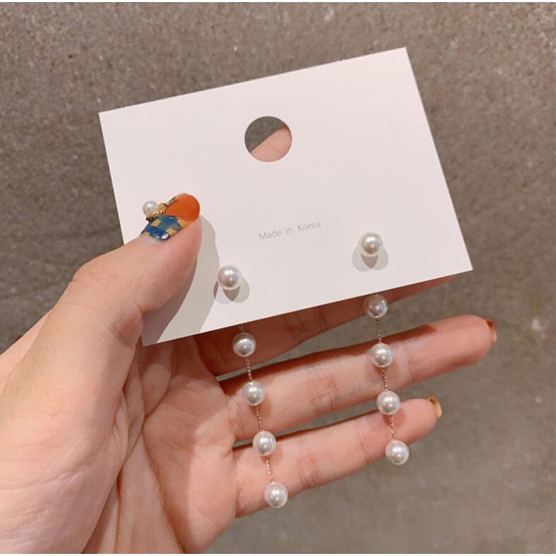 Khuyên tai mạ bạc 925 dáng dài đính hạt ngọc trai giả thanh lịch