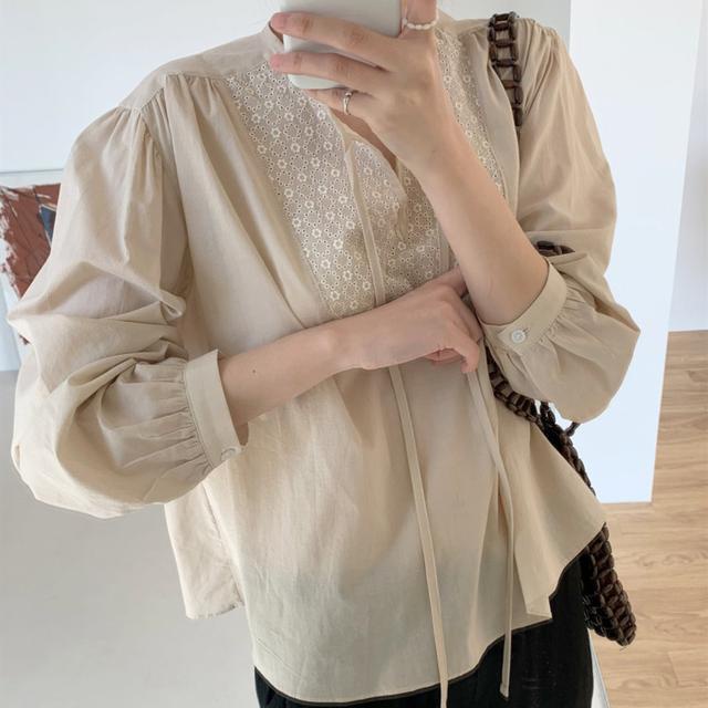 Áo Kiểu Tay Dài Cổ Chữ V Thêu Họa Tiết Hoa Phong Cách retro Hàn Quốc Thời Trang