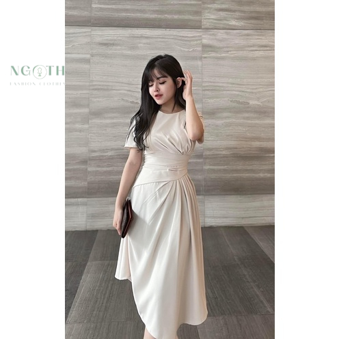 Váy đầm nữ, váy xòe nữ dáng dài hai màu be oliu xếp ly eo cộc tay chất vải trượt hàn style hàn quốc ngoth store