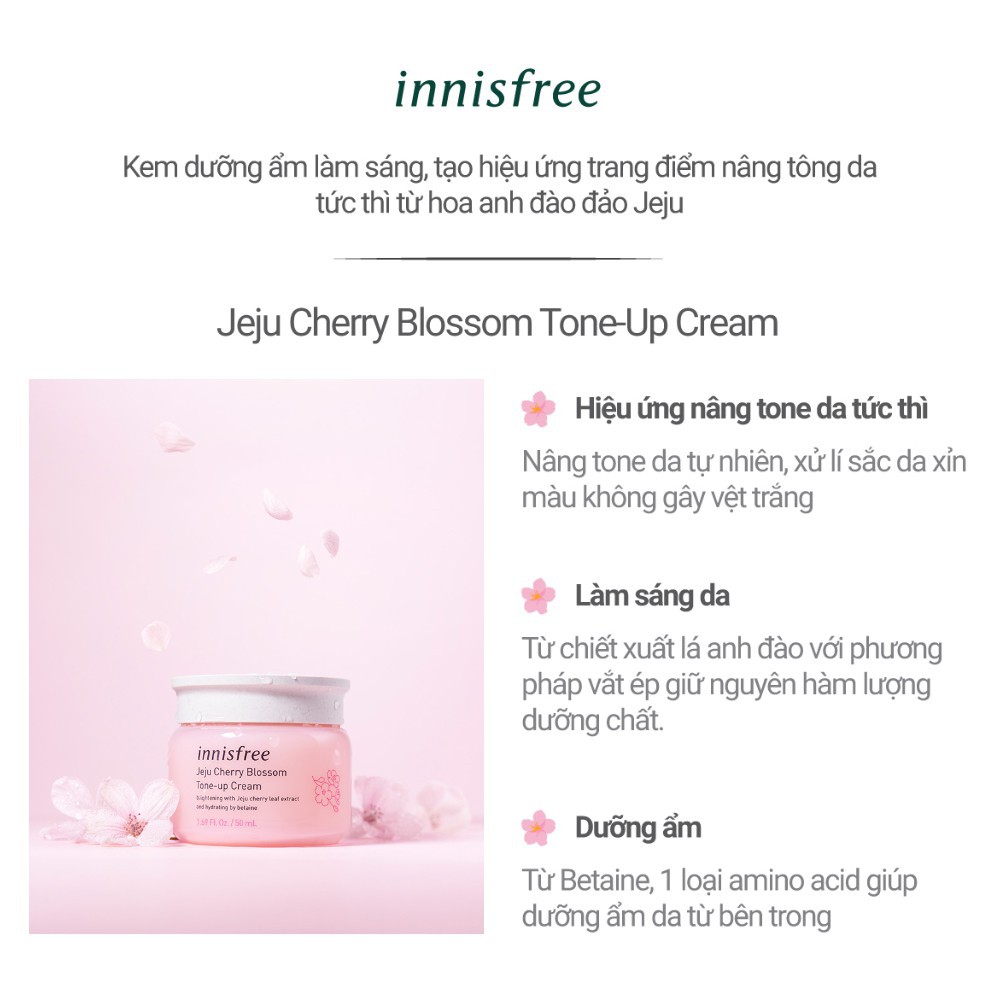 Kem Dưỡng Trắng Da Innisfree Jeju Cherry Blossom Tone Up - Jelly Cream (50ml), Kem dưỡng trắng da hoa anh đào Innisfree