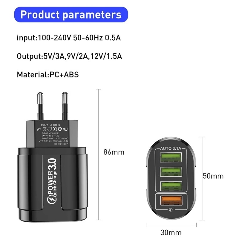 Củ sạc 4 cổng USB nhiều màu sắc
