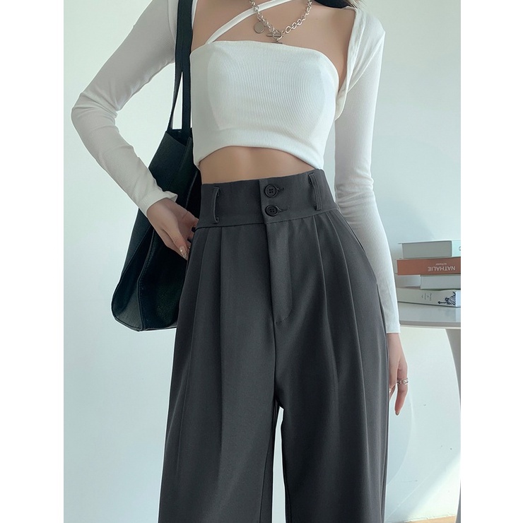 Quần dài ZHELIHANGFEI ống rộng lưng cao màu đen thời trang cao cấp cho nữ