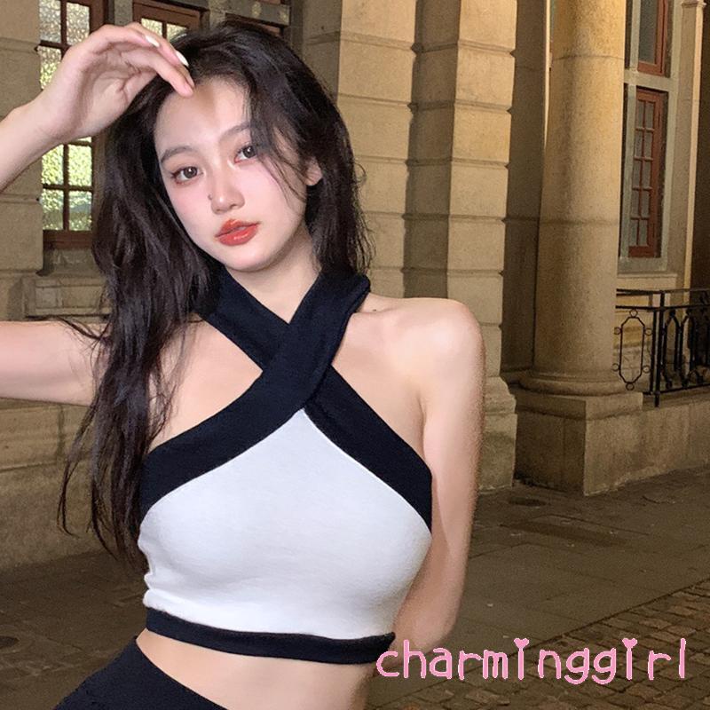 QAQ-Women´s Midriff-baring Tank Tops Black White Color Matching Cross Hanging Neck Off Shoulder Sleeveless Slim Tops
